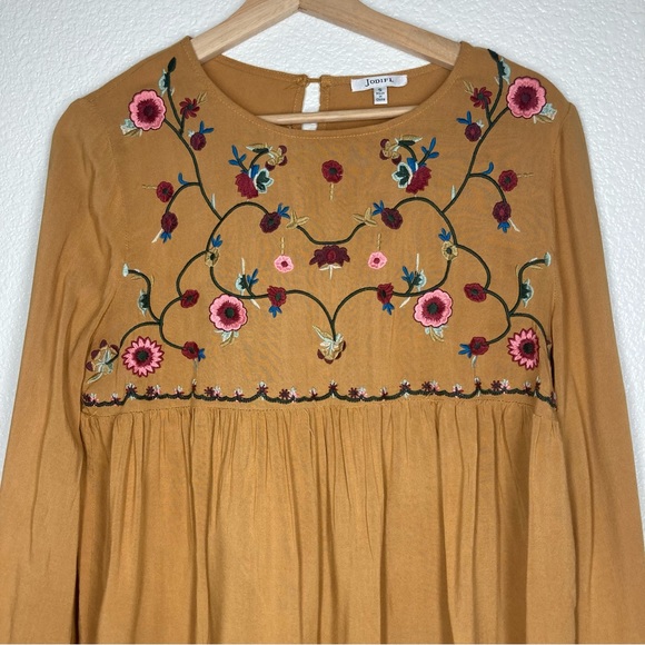 JODFL Boho Floral Embroidered Rayon Top Small Long Sleeves Tan Flowy - Picture 5 of 15